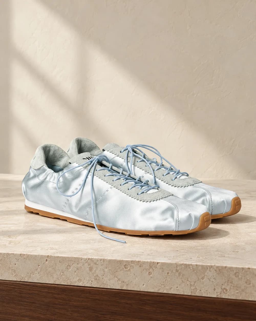 Miu Miu Plume satin sneakers — Ice blue