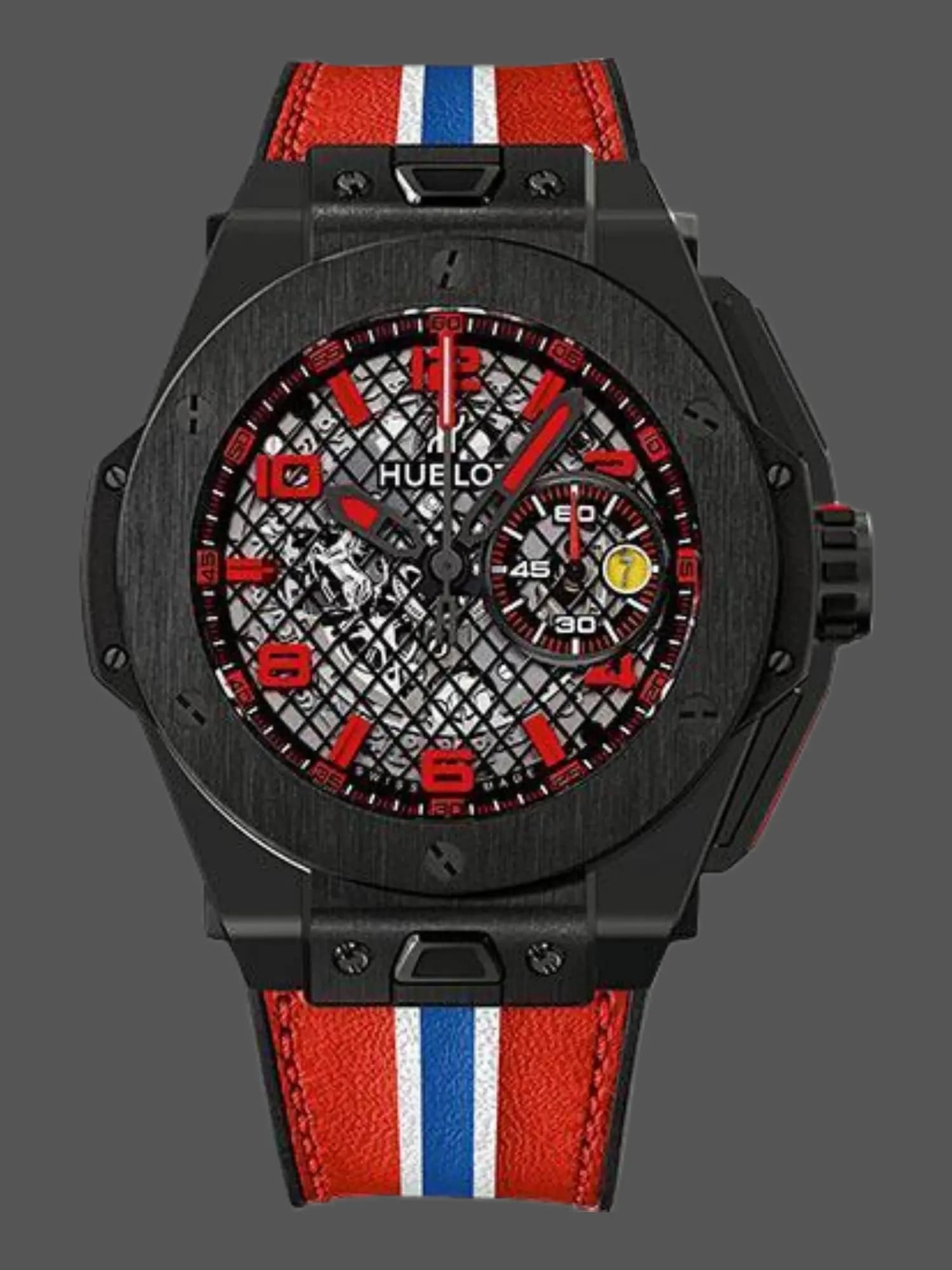 Dark layered dial with red accents, dark case and red, white and blue striped strap.