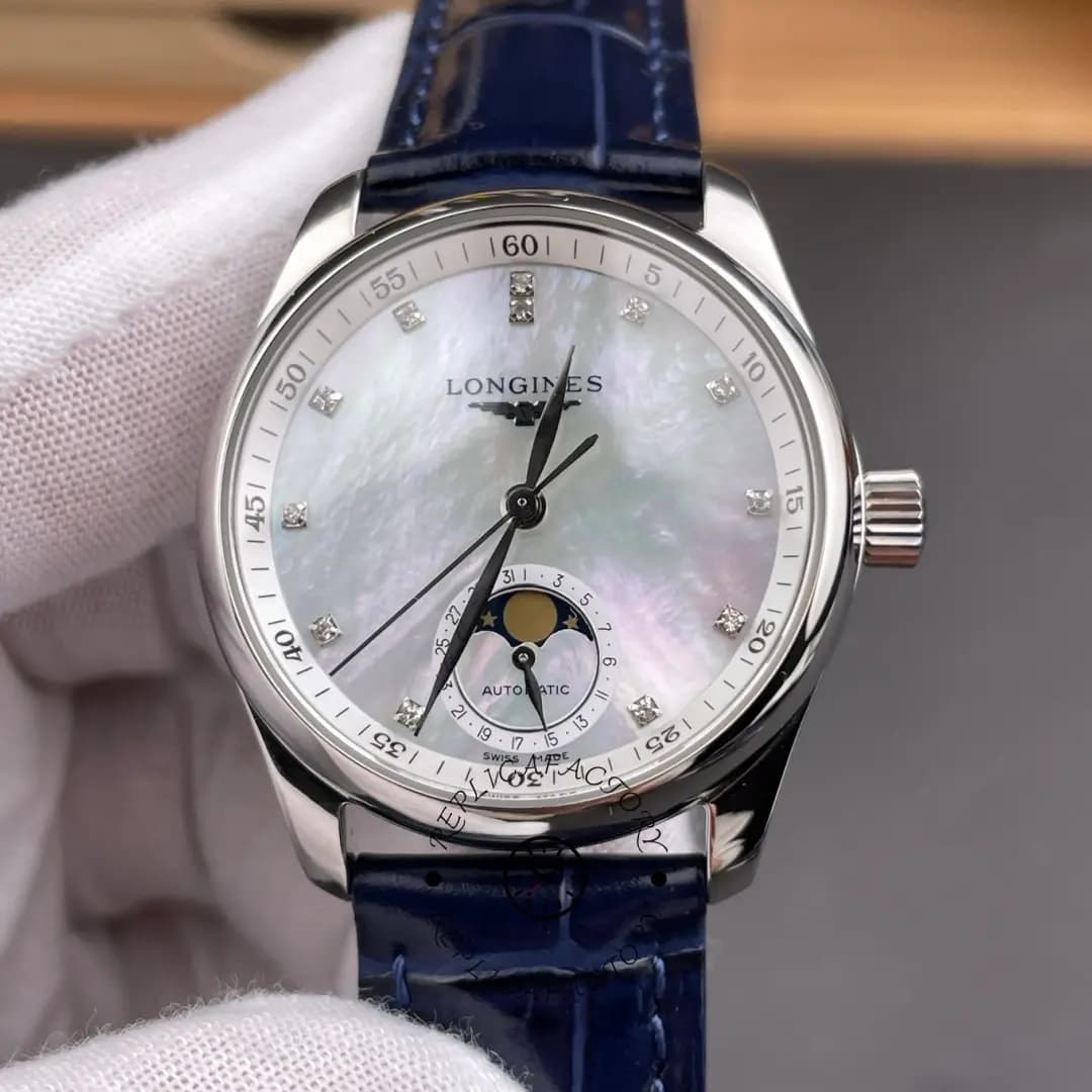 Longines Master Replica L2.409.4.87.0 MOP Diamond 34 Moonphase Alligator Watch — view 1
