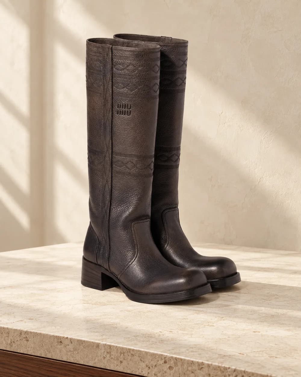 Miu Miu Embroidered knee-high boots — Dark brown